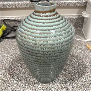 Vietnam Handcrafted Green Brown Spiral Glazed Accent Vase 11 Inches Tall